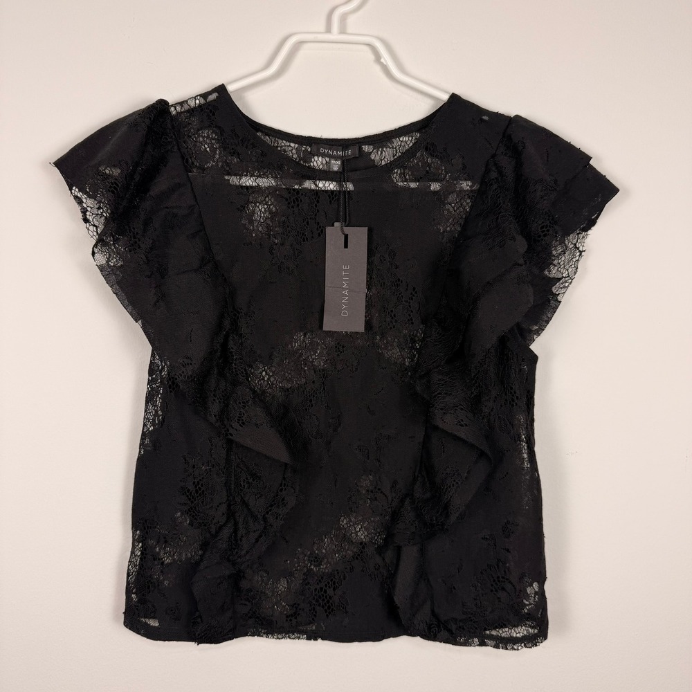 Dynamite Black Lace Ruffle Cap Sleeve Blouse Sheer Floral Top XS 100055238